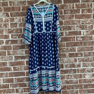 Koandaily Women's Boho Blue Floral 3/4 sleeve Maxi Dress Size XXL